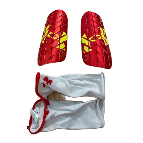 Under Armour Red and Yellow Shin Guards with Sleeves Flex Pro Small Kids - Picture 1 of 3